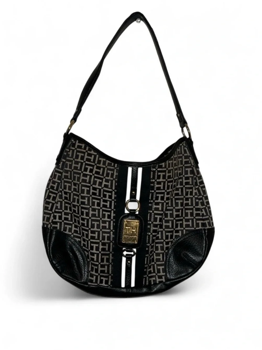 Y2K Tommy Hilfiger Black White Geometric Logo Hobo Shoulder Bag